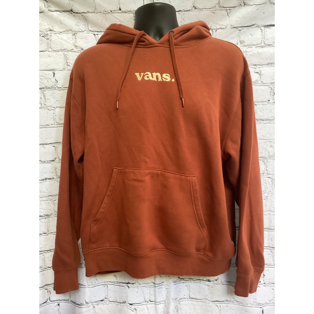 Vans Hoodie Mens Medium Rust Orange Gold Embroidered Logo Loose Fit Sweatshirt